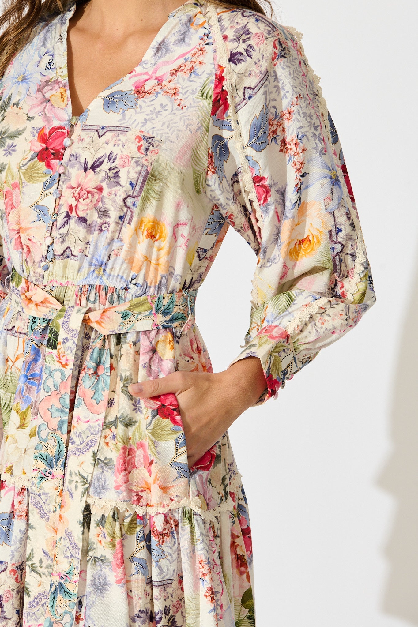 Athena Dress in White with Multi Floral Print