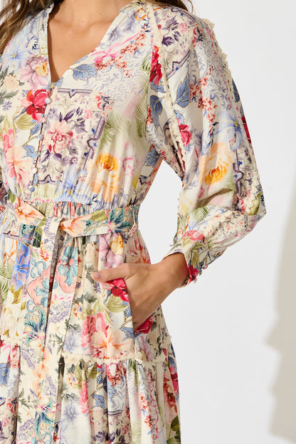 Athena Dress in White with Multi Floral Print