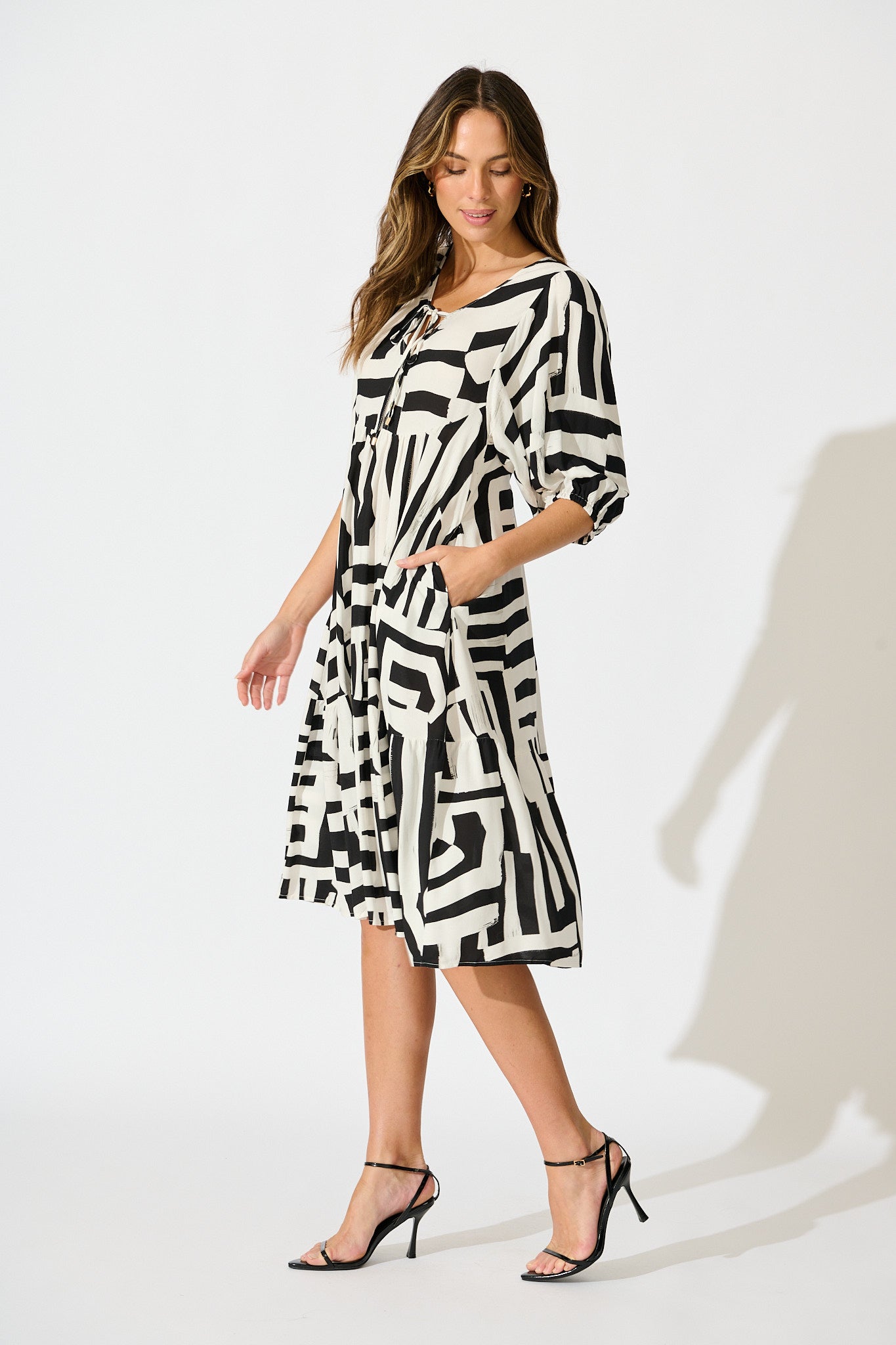 Luminous Midi Dress in Black with White Geometric Print