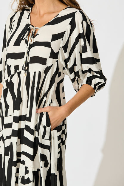 Luminous Midi Dress in Black with White Geometric Print