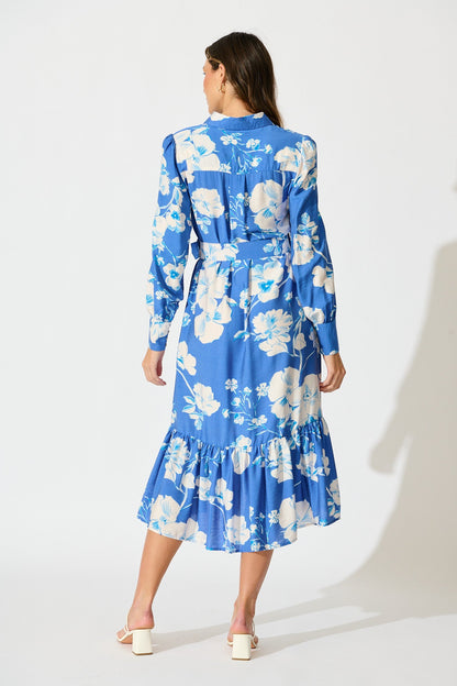 Mikayla Midi Shirt Dress in Blue with White Floral Linen Blend
