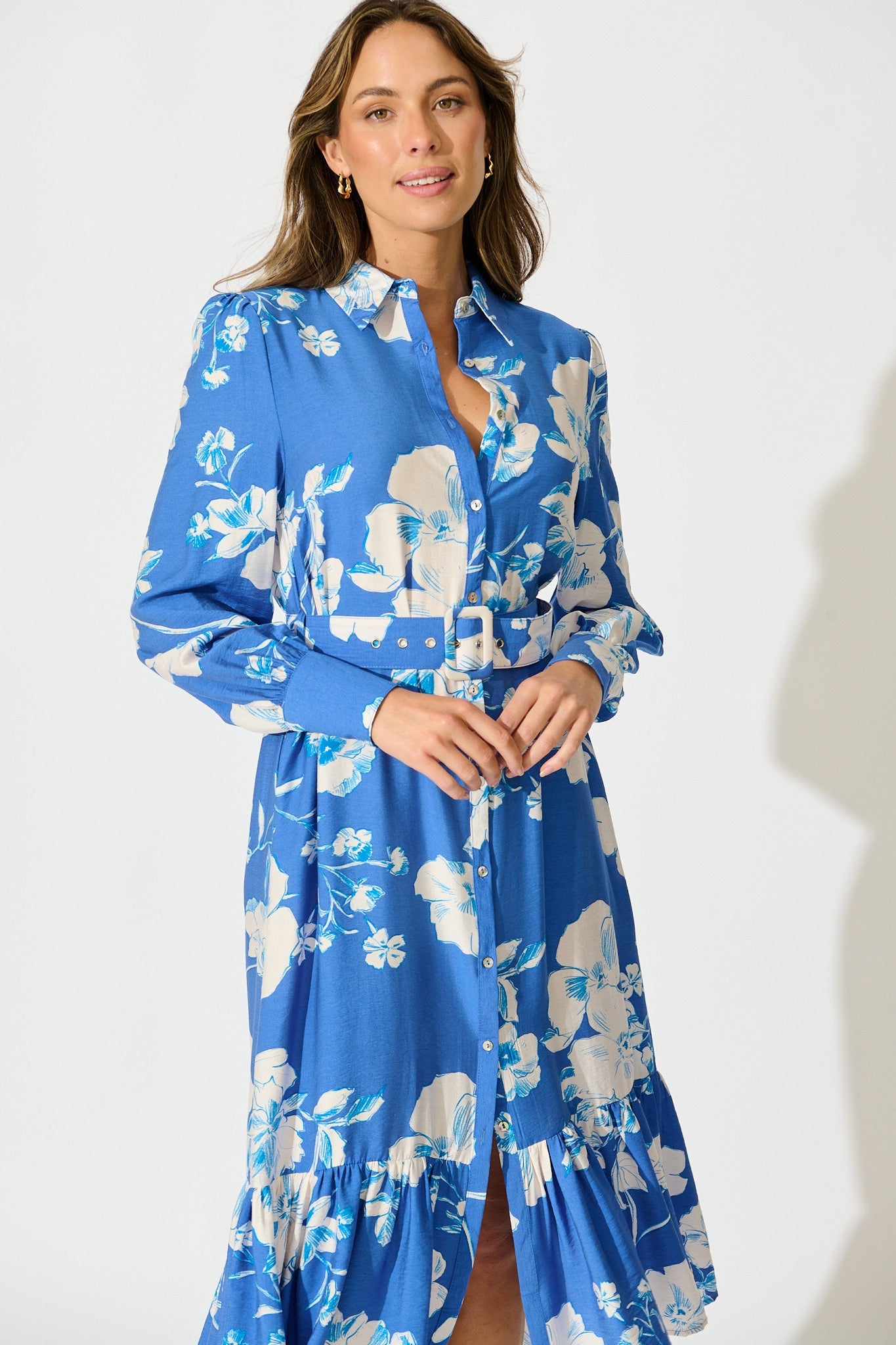 Mikayla Midi Shirt Dress in Blue with White Floral Linen Blend