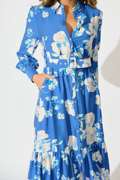 Mikayla Midi Shirt Dress in Blue with White Floral Linen Blend