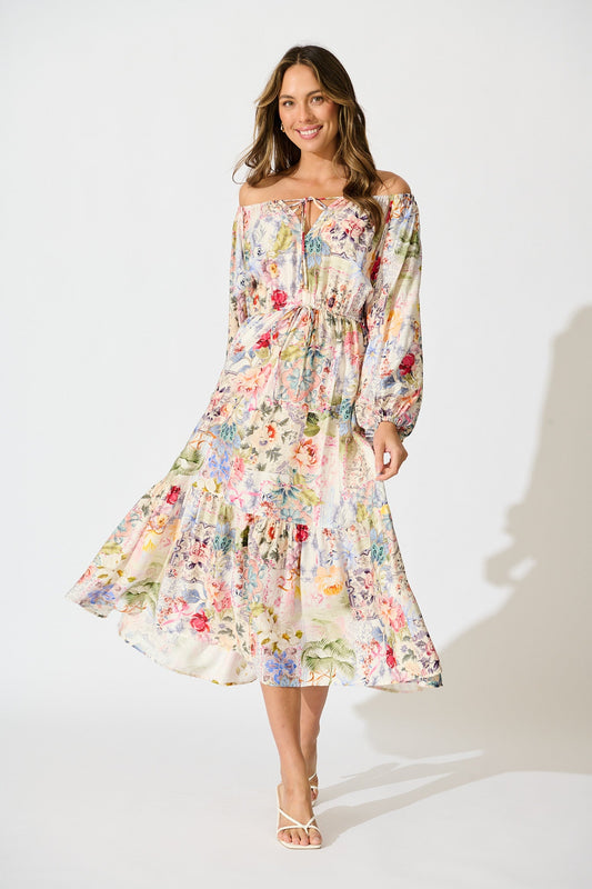 Connie Midi Dress in White with Multi Floral Print