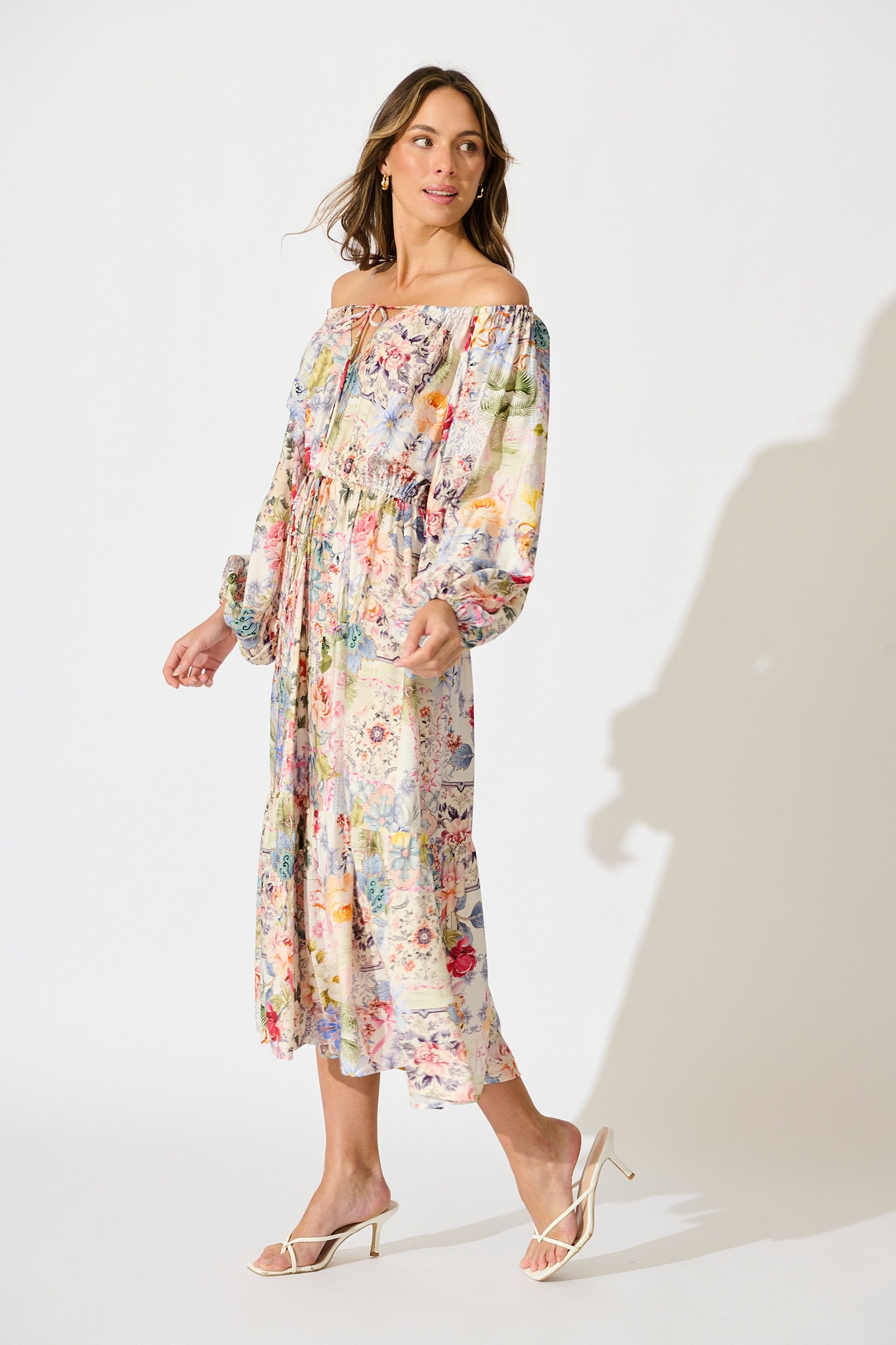 Connie Midi Dress in White with Multi Floral Print