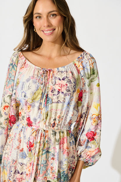 Connie Midi Dress in White with Multi Floral Print