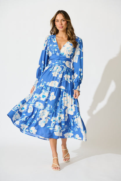 Belize Midi Dress in Blue with White Floral Linen Blend