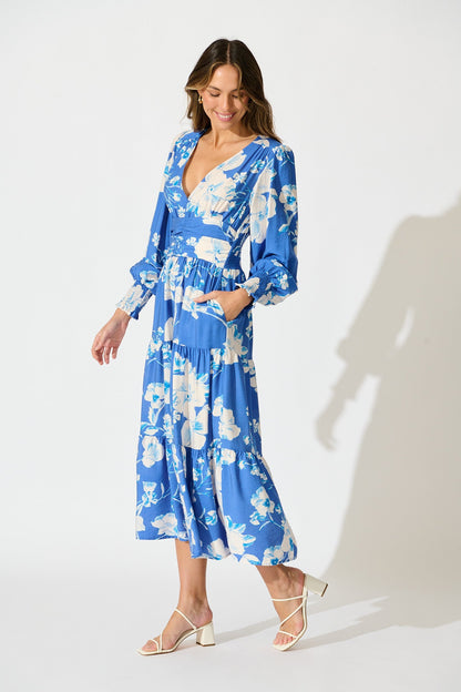 Belize Midi Dress in Blue with White Floral Linen Blend