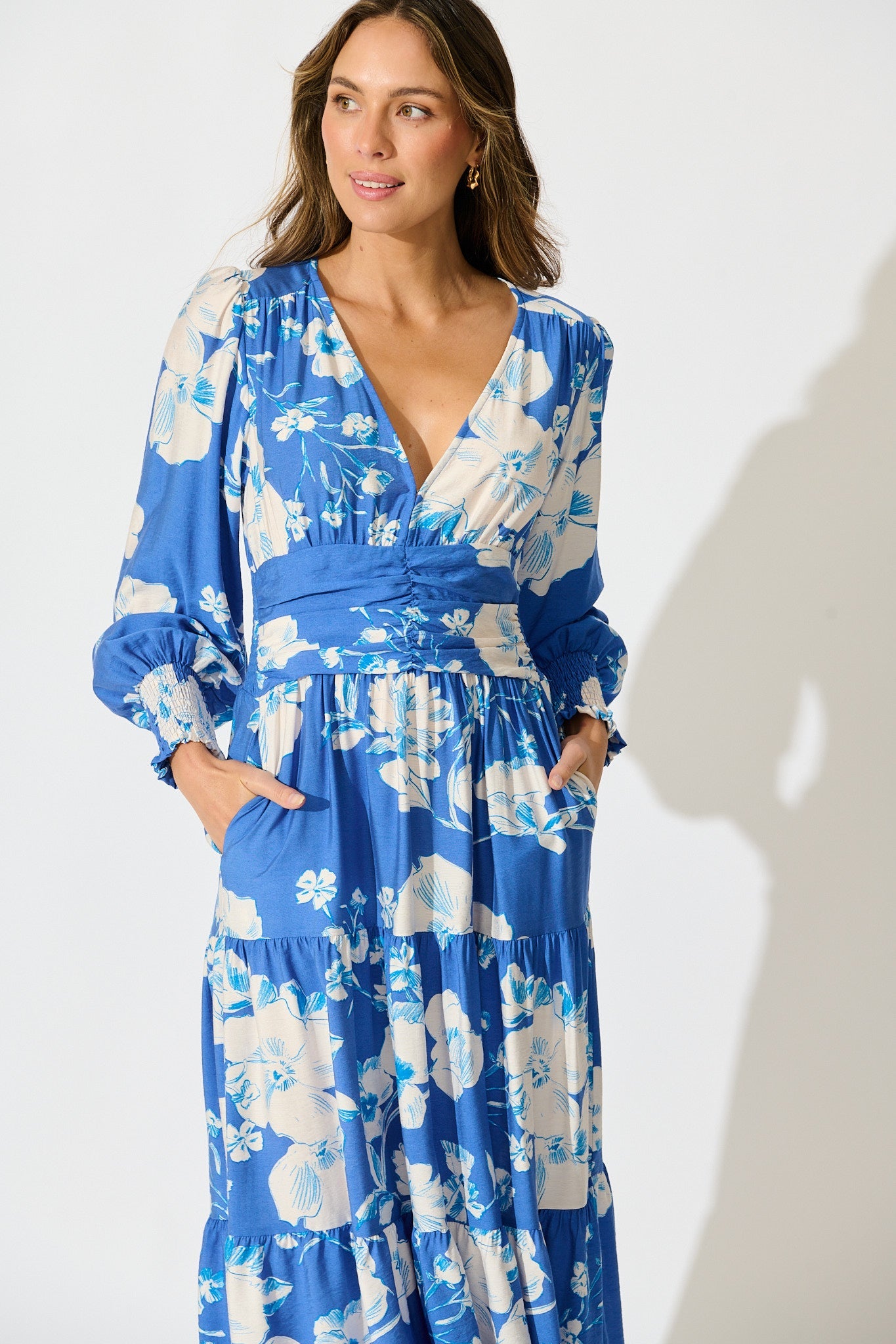 Belize Midi Dress in Blue with White Floral Linen Blend
