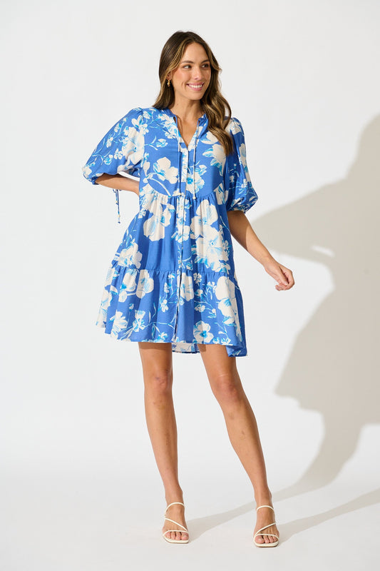 Emelyn Smock Dress in Blue with White Floral Linen Blend