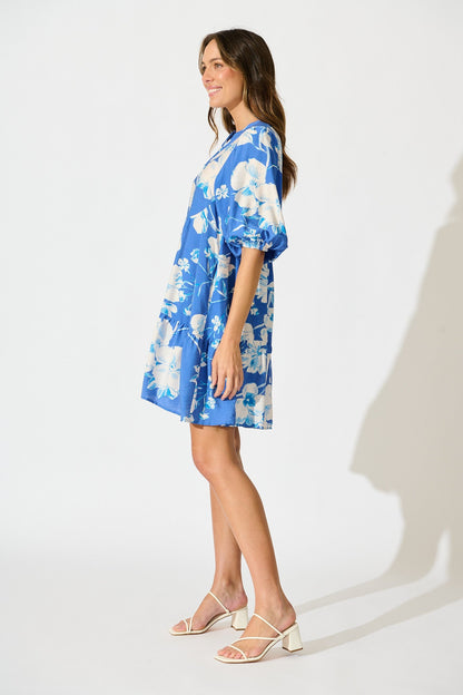 Emelyn Smock Dress in Blue with White Floral Linen Blend