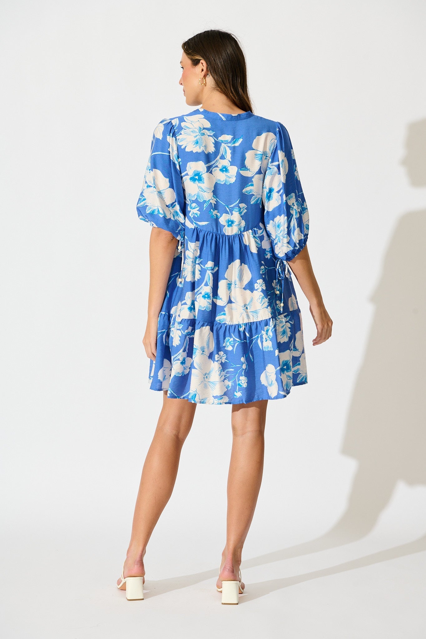 Emelyn Smock Dress in Blue with White Floral Linen Blend