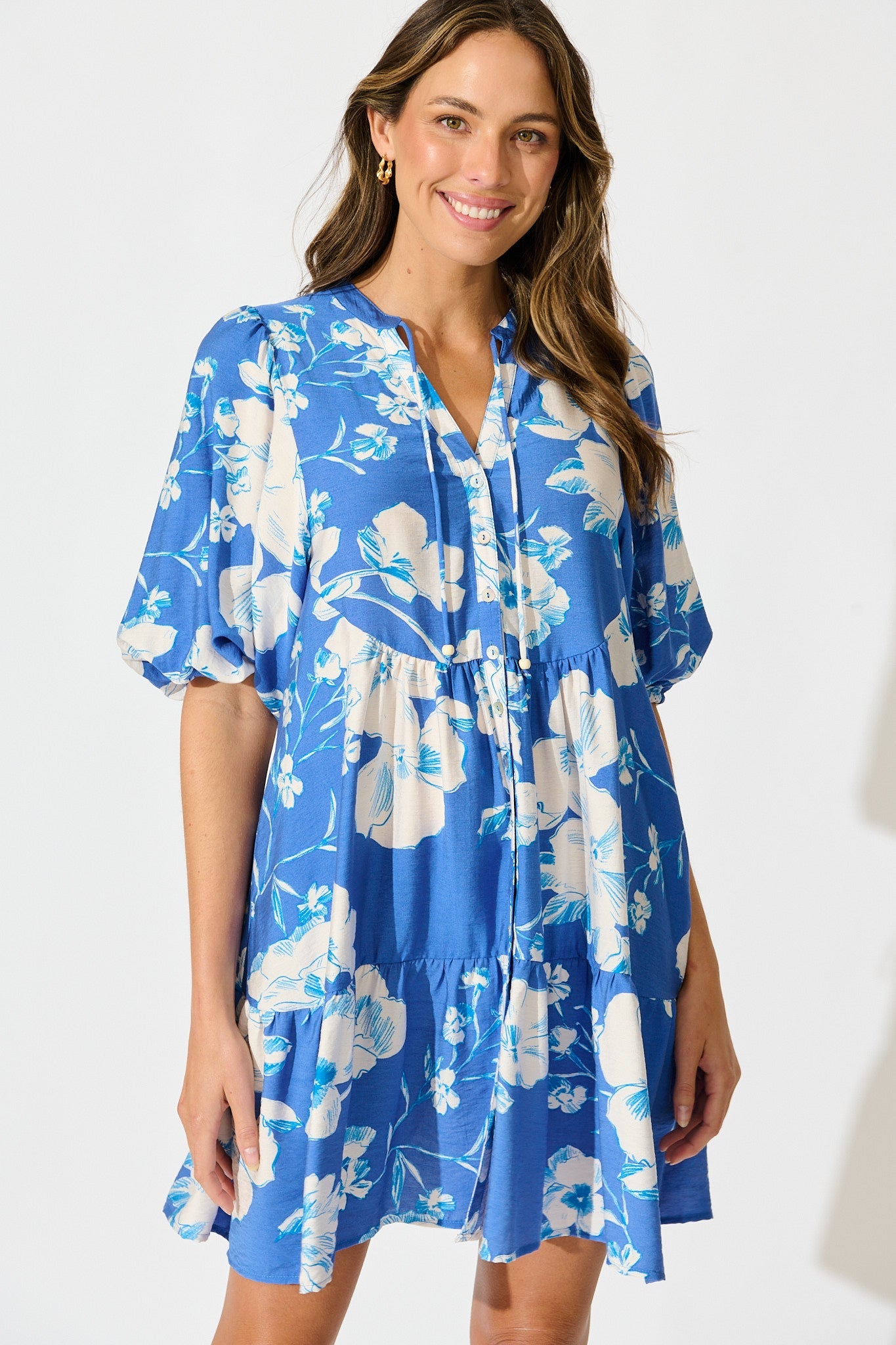 Emelyn Smock Dress in Blue with White Floral Linen Blend