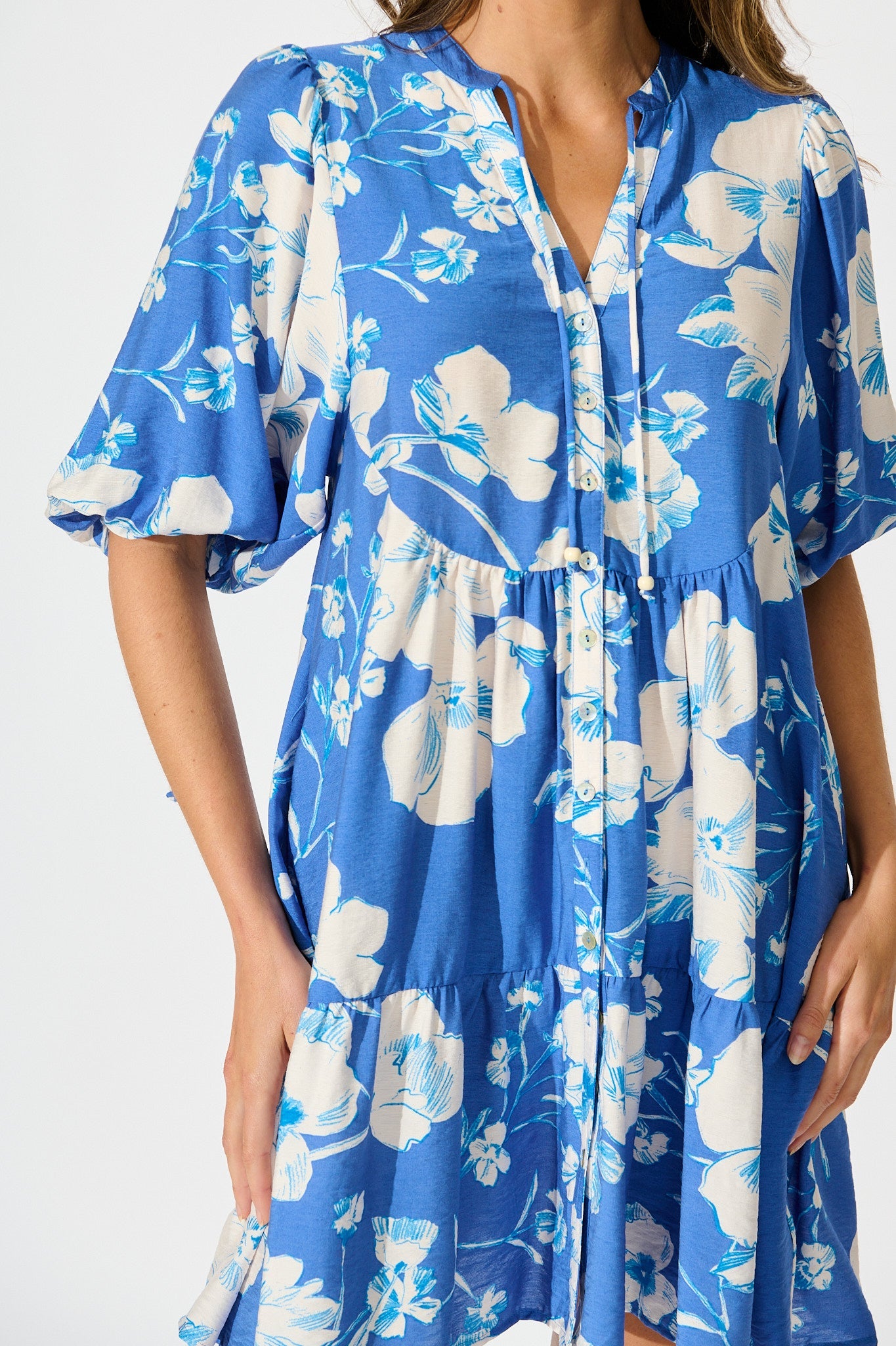 Emelyn Smock Dress in Blue with White Floral Linen Blend