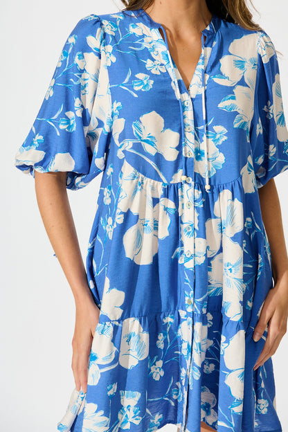 Emelyn Smock Dress in Blue with White Floral Linen Blend