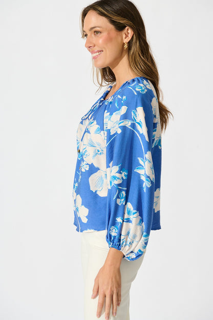 Marcy Top in Blue with White Floral Linen Blend