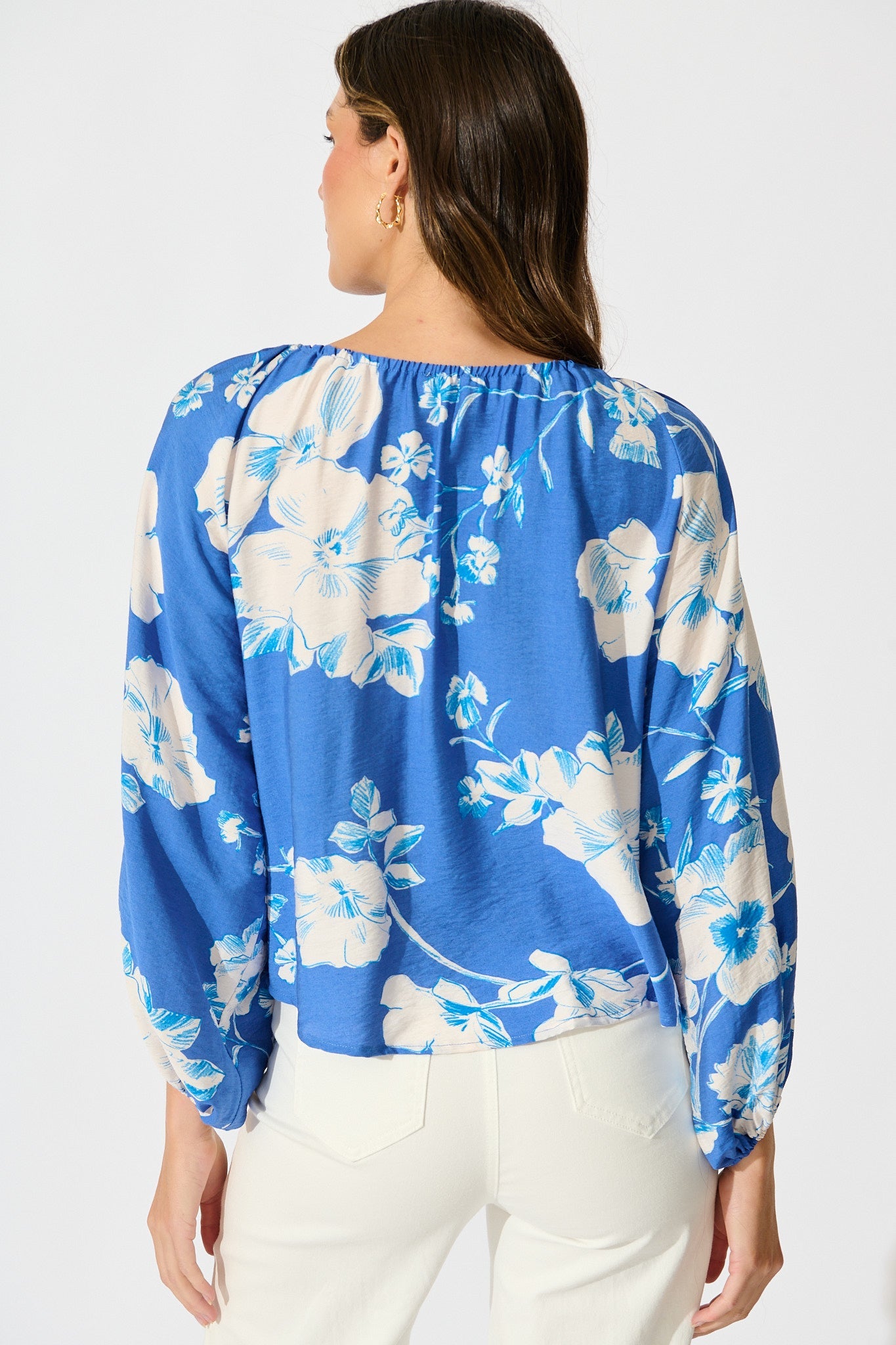 Marcy Top in Blue with White Floral Linen Blend