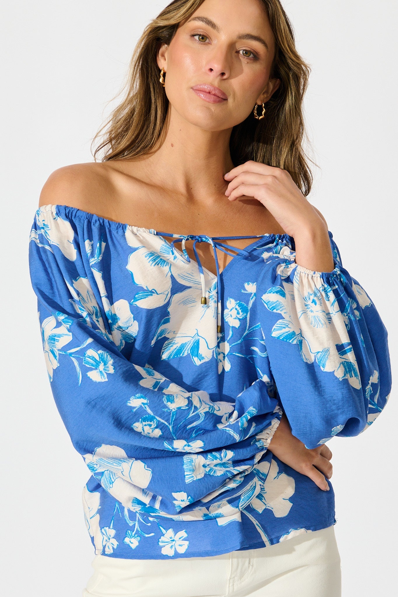 Marcy Top in Blue with White Floral Linen Blend