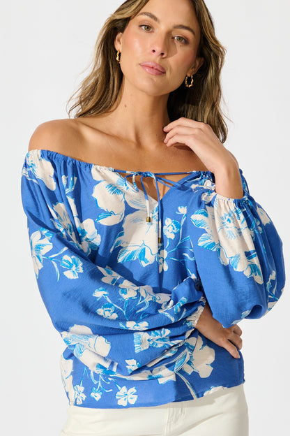 Marcy Top in Blue with White Floral Linen Blend