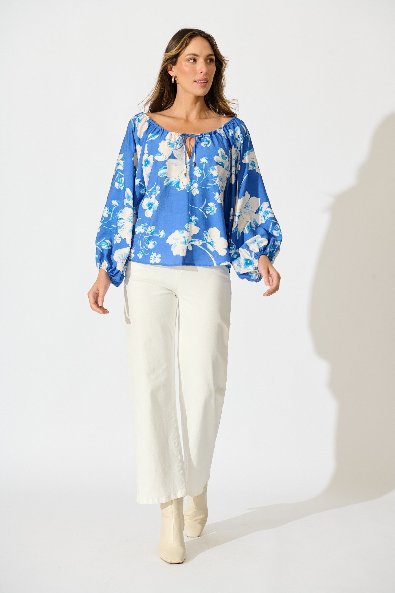 Marcy Top in Blue with White Floral Linen Blend