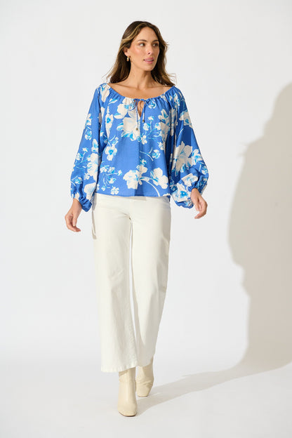 Marcy Top in Blue with White Floral Linen Blend