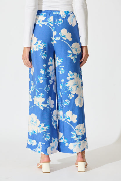Octavia Pant in Blue with White Floral Linen Blend