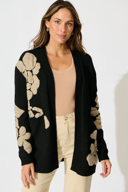 Pixie Knit Cardigan in Black Floral Wool Blend