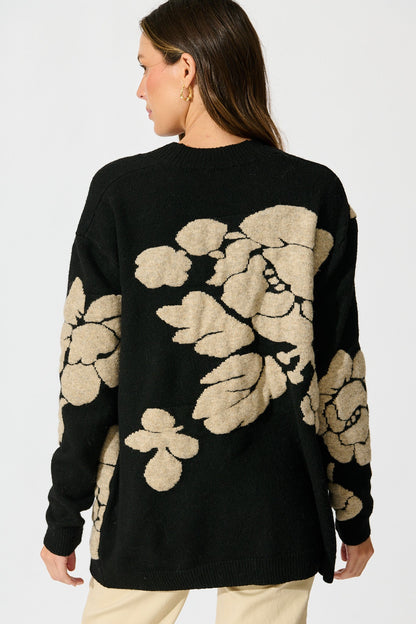 Pixie Knit Cardigan in Black Floral Wool Blend