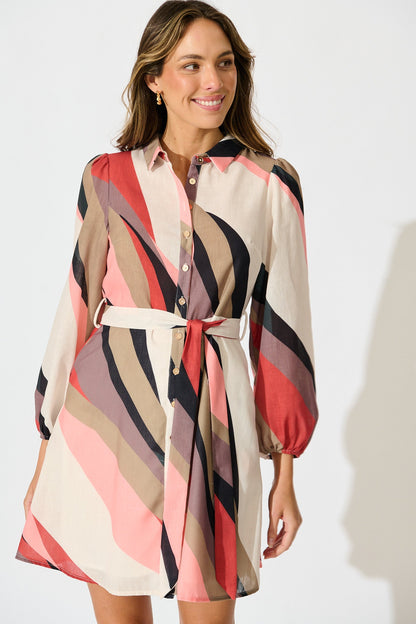 Defined Shirt Dress in Multi Print Linen Blend