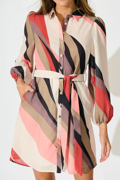 Defined Shirt Dress in Multi Print Linen Blend