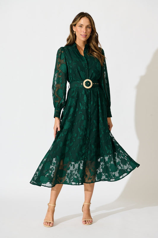 Carolina Midi Dress in Emerald Floral Burnout Chiffon