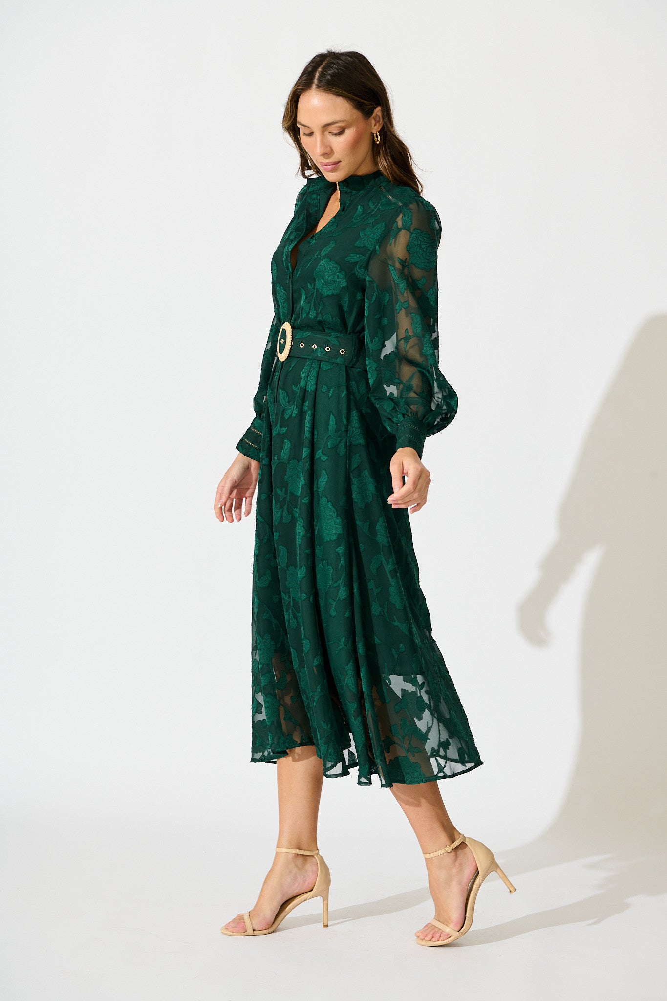 Carolina Midi Dress in Emerald Floral Burnout Chiffon