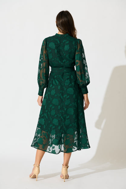 Carolina Midi Dress in Emerald Floral Burnout Chiffon