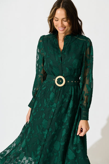 Carolina Midi Dress in Emerald Floral Burnout Chiffon