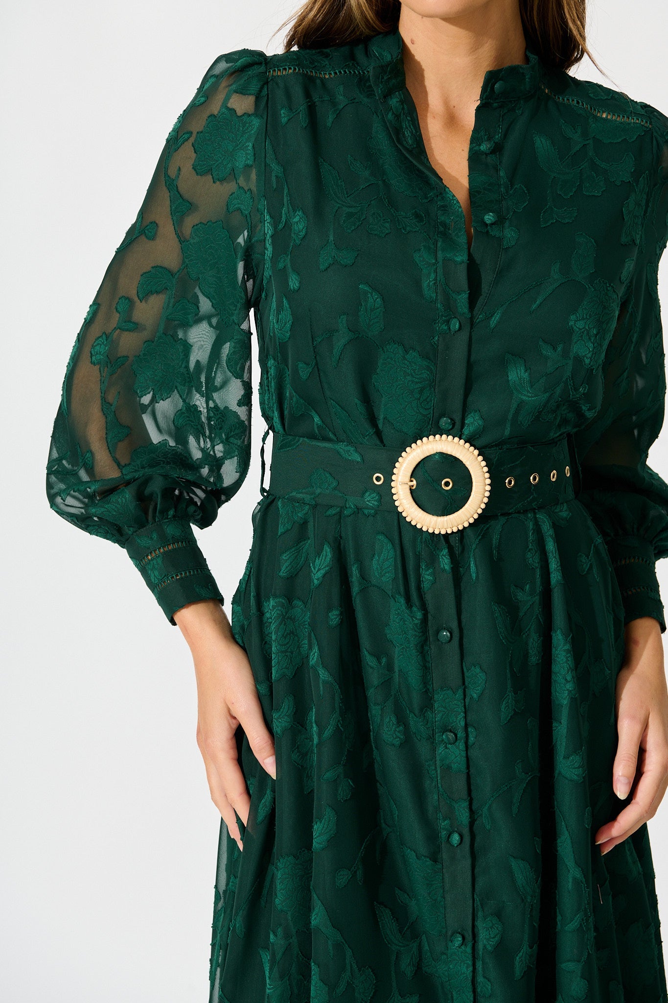 Carolina Midi Dress in Emerald Floral Burnout Chiffon