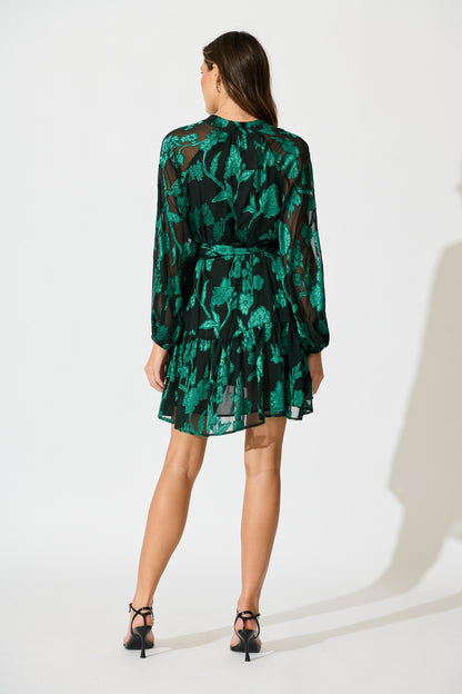 Melinda Dress in Black with Emerald Floral Burnout Chiffon