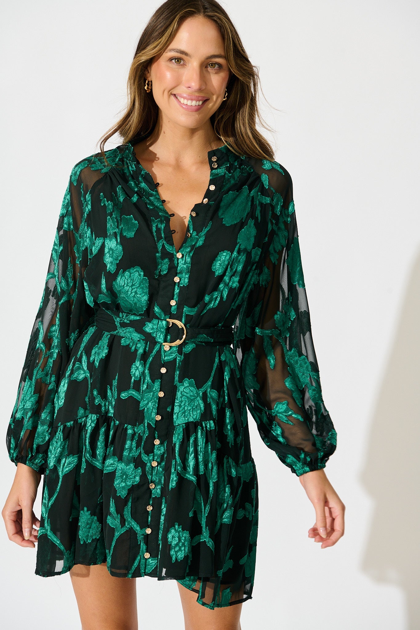 Melinda Dress in Black with Emerald Floral Burnout Chiffon