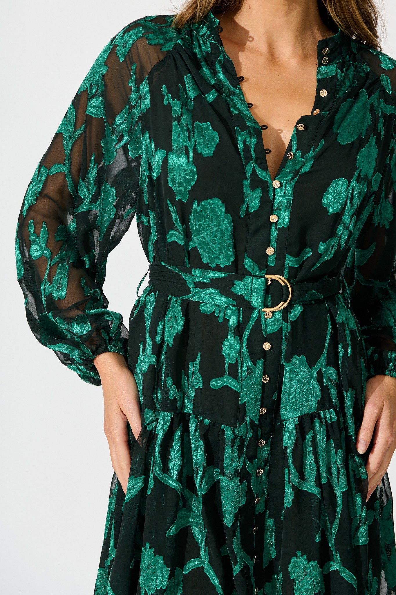 Melinda Dress in Black with Emerald Floral Burnout Chiffon