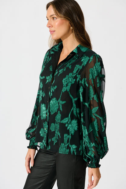 Irene Shirt in Black with Emerald Floral Burnout Chiffon