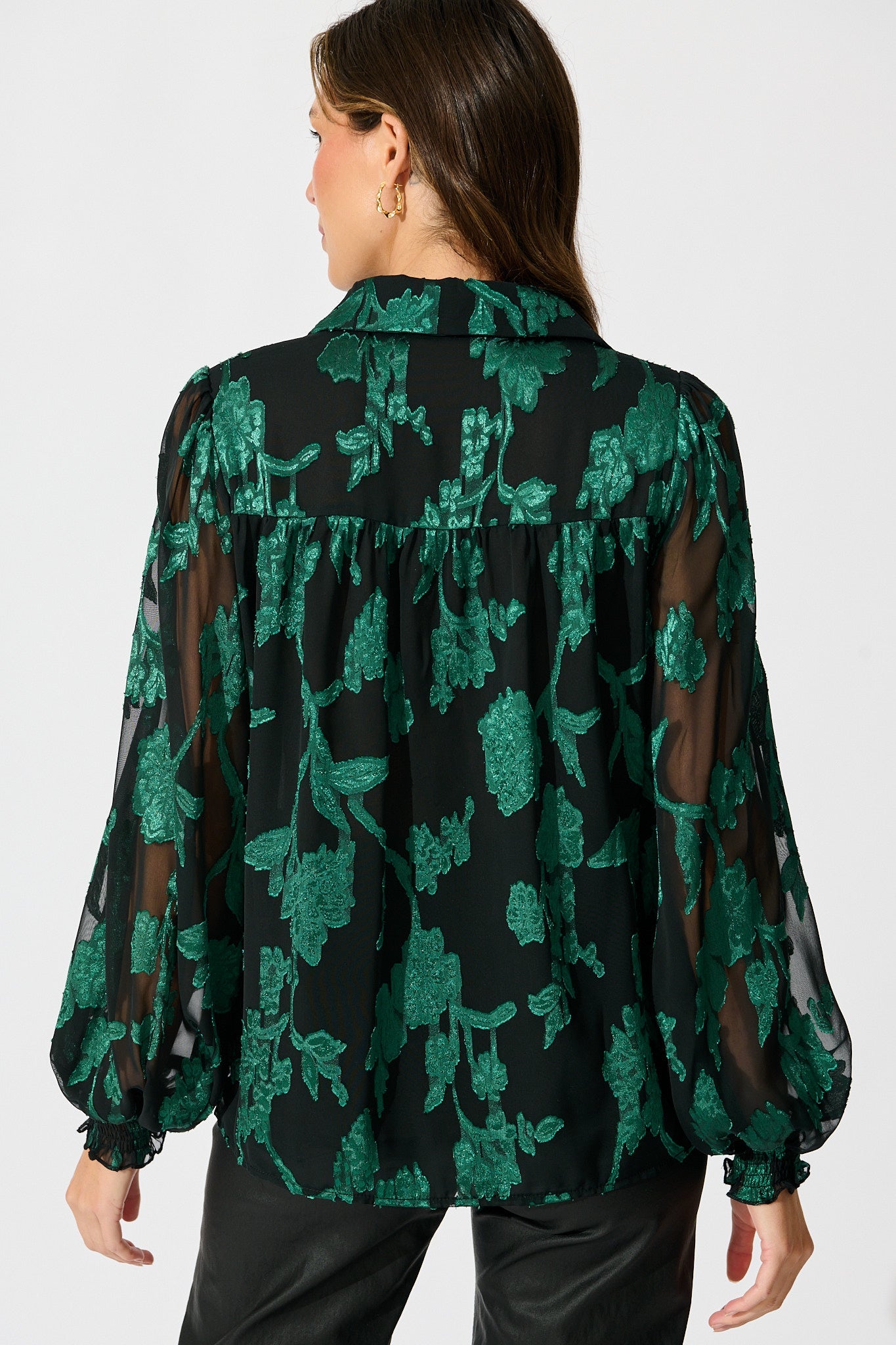 Irene Shirt in Black with Emerald Floral Burnout Chiffon