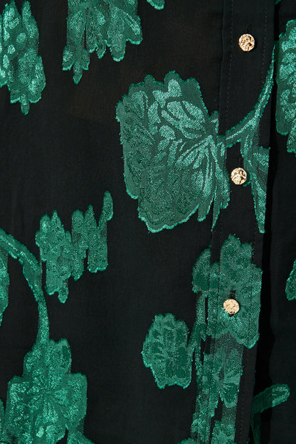 Irene Shirt in Black with Emerald Floral Burnout Chiffon