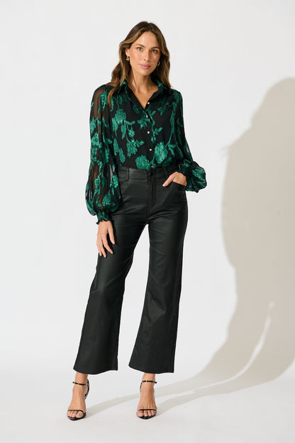 Irene Shirt in Black with Emerald Floral Burnout Chiffon