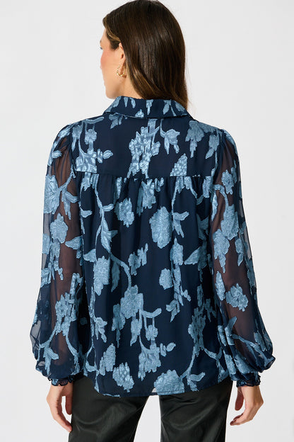 Irene Shirt in Navy with Blue Floral Burnout Chiffon