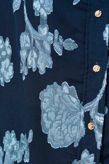 Irene Shirt in Navy with Blue Floral Burnout Chiffon