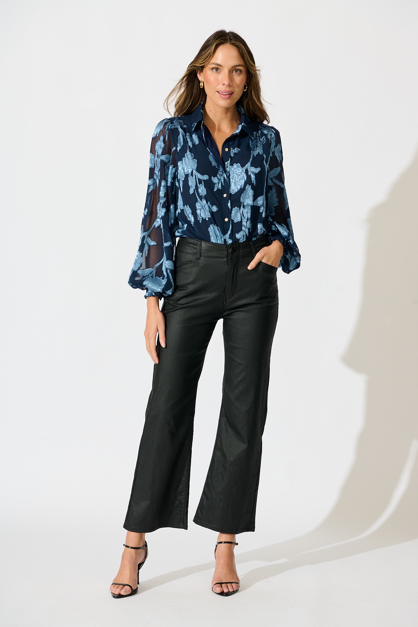 Irene Shirt in Navy with Blue Floral Burnout Chiffon