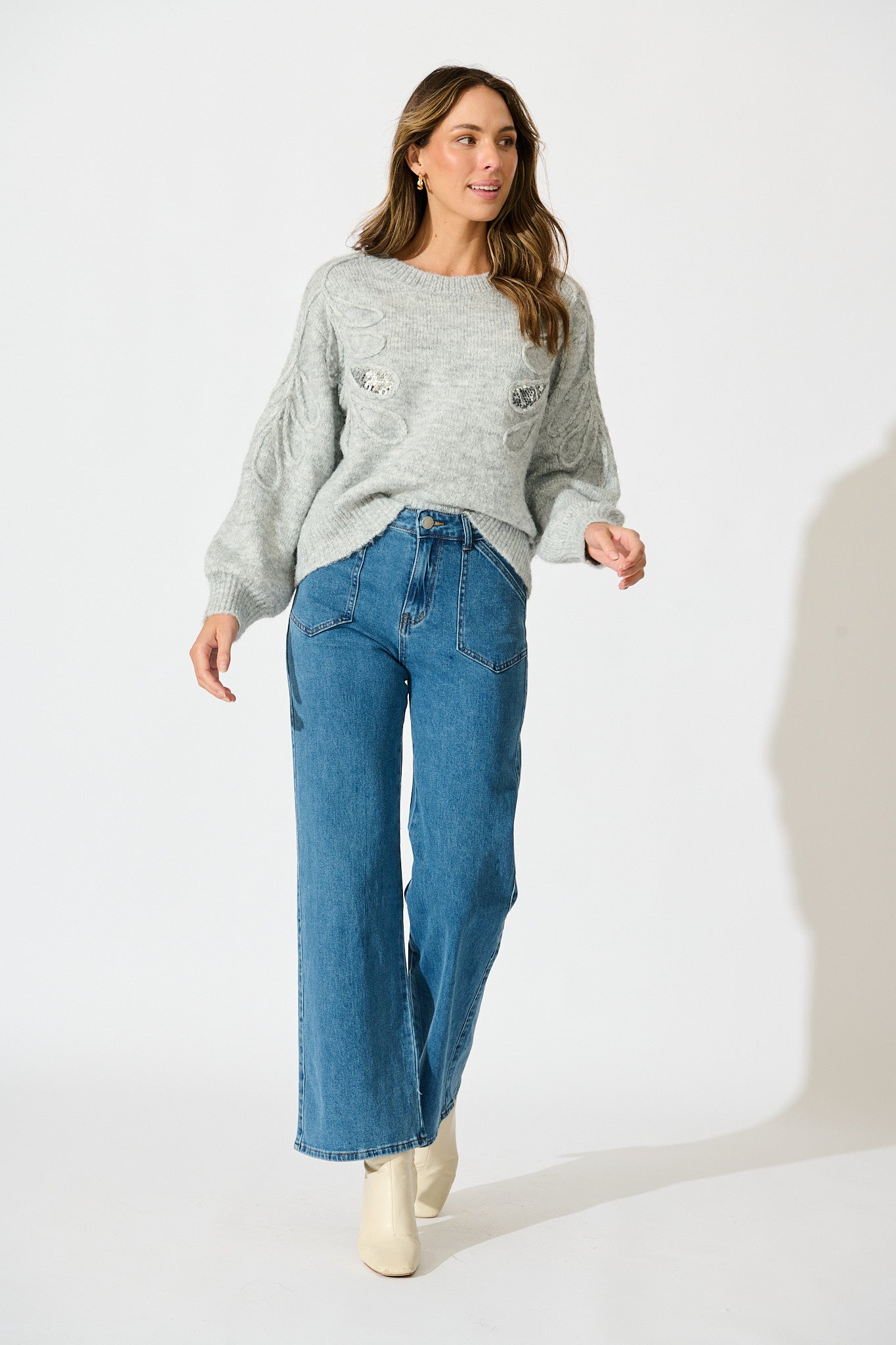 Gemma Knit in Grey Marle with Silver Sequin Wool Blend