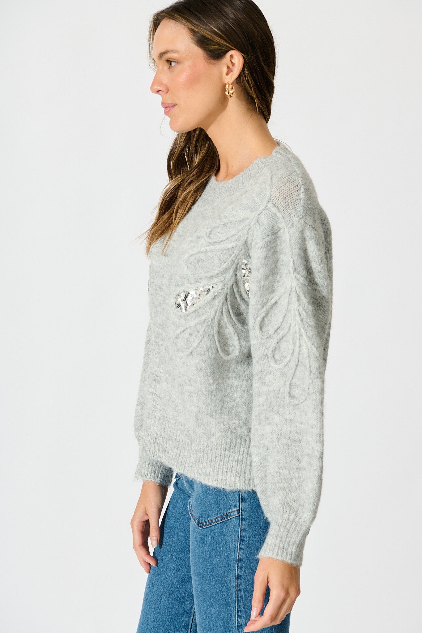 Gemma Knit in Grey Marle with Silver Sequin Wool Blend