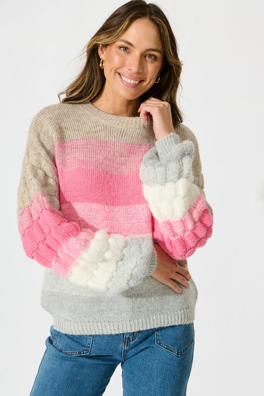 Luna Knit in Pink with Grey Stripe Wool Blend