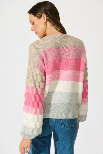 Luna Knit in Pink with Grey Stripe Wool Blend