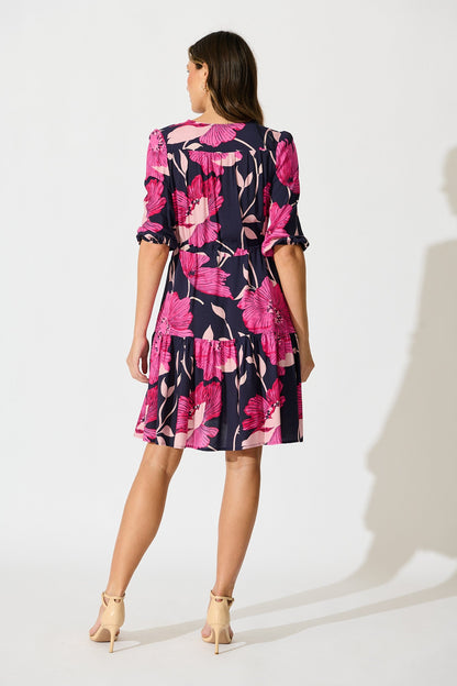 Apollo Dress in Navy with Pink Floral